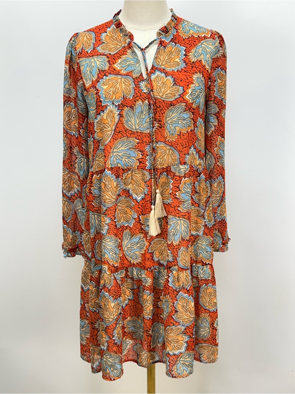 THML Rust Orange Floral Tassel-Front Long Sleeve tiered mini Dress size S - Picture 8 of 13